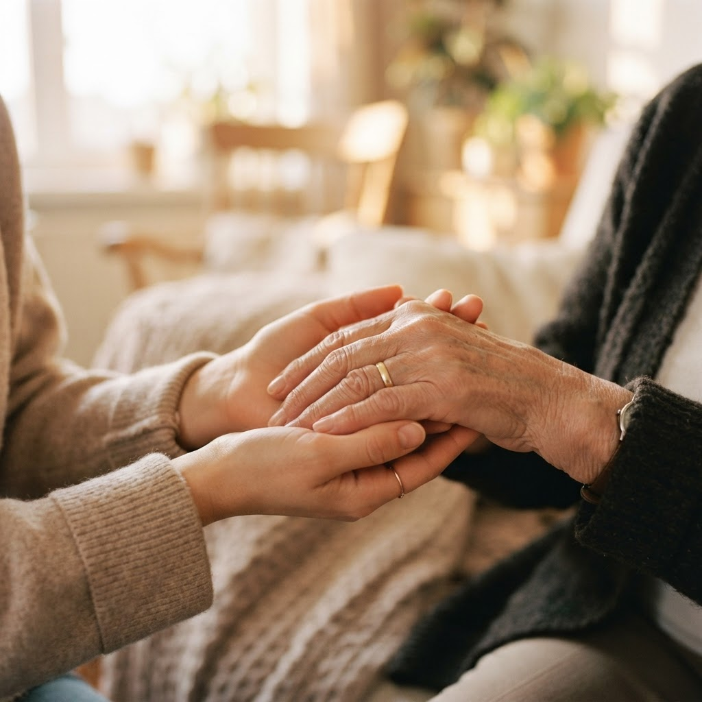 An older and younger pair of hands gently holding together