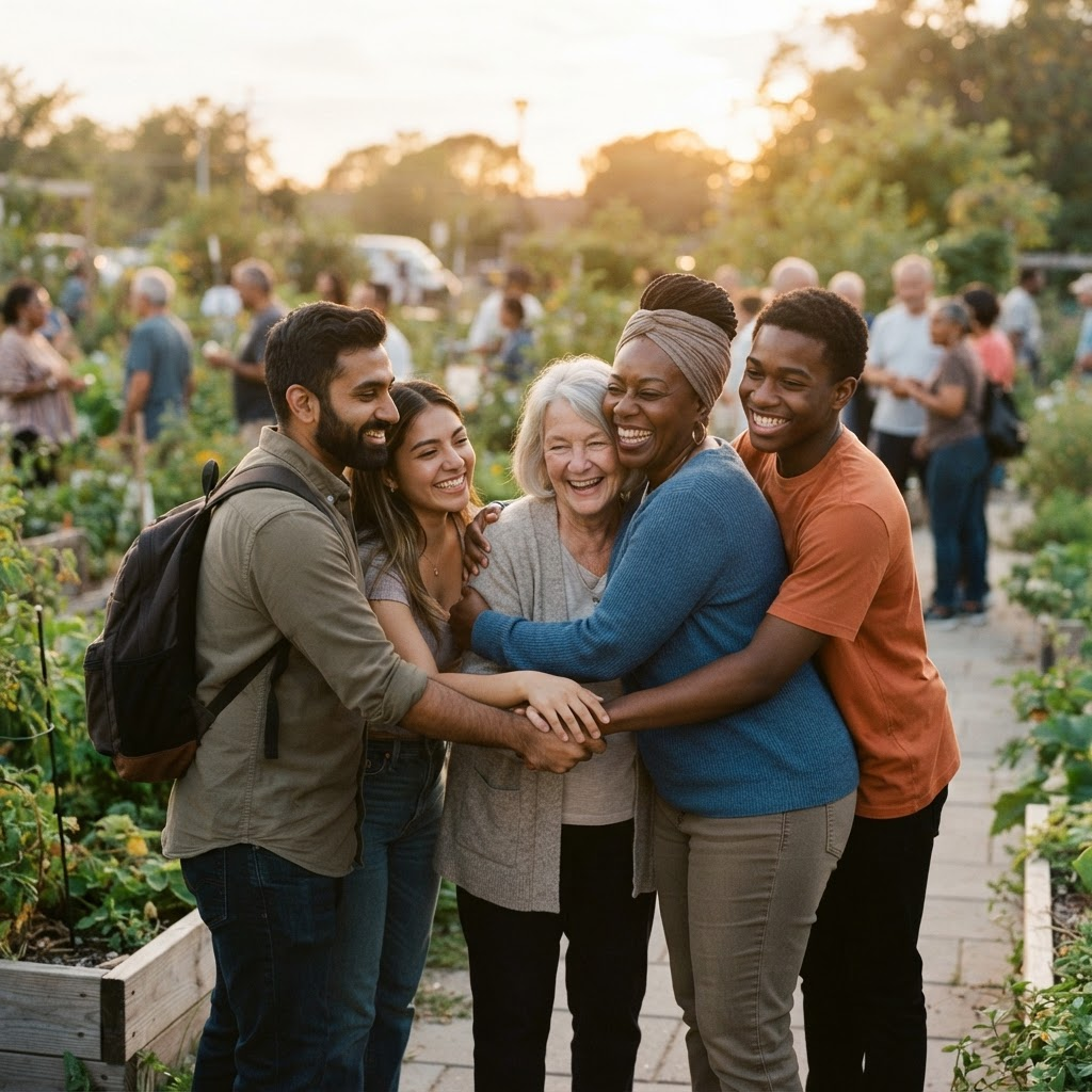 Volunteers and community members embracing in warm afternoon light