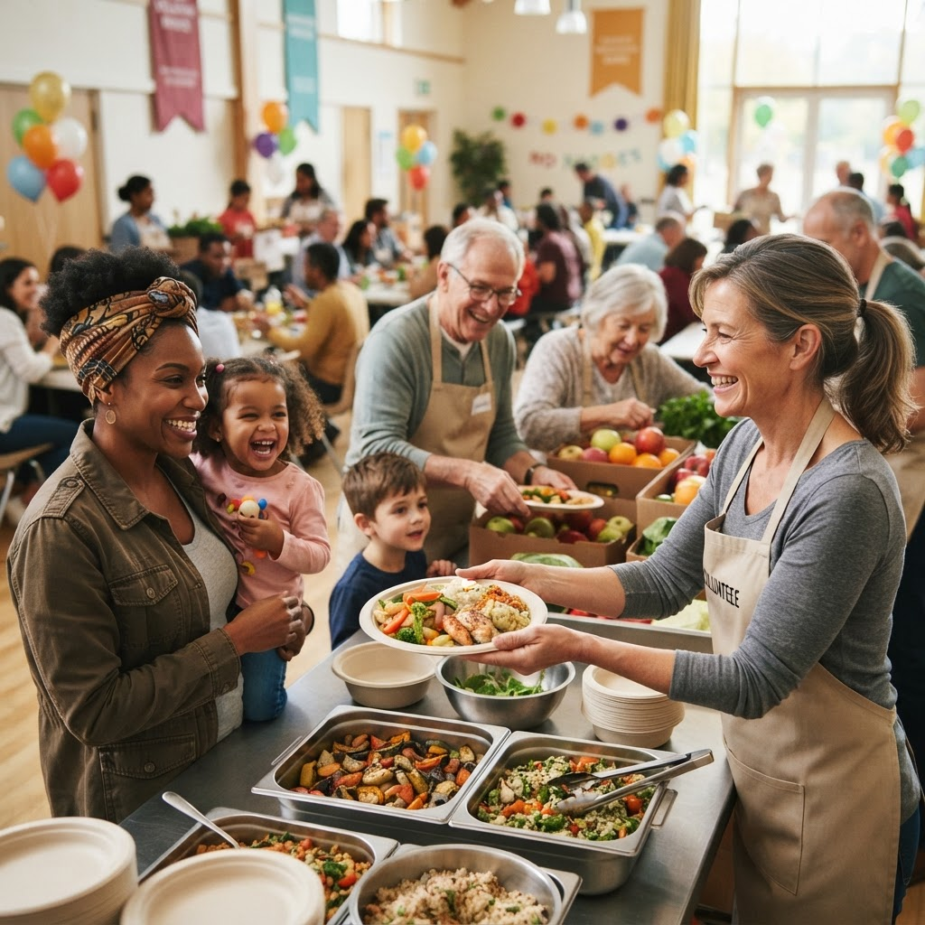 Volunteers serving fresh meals to families at a community outreach event